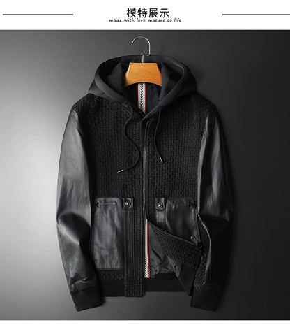 Minglu Autumn Winter Goatskin Men's Jackets High Quality Solid Color Hooded Genune Leather Male Coats Zipper Casual Man Overcoat