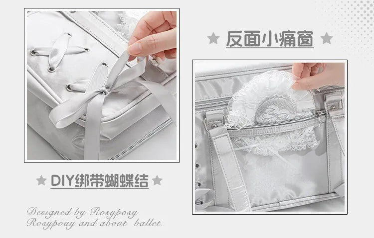 Japanese New Girls Silver Shoulder Bag Large Capacity Ribbon Itabag Student Women's Satin Messenger Bag Leather Backpacks