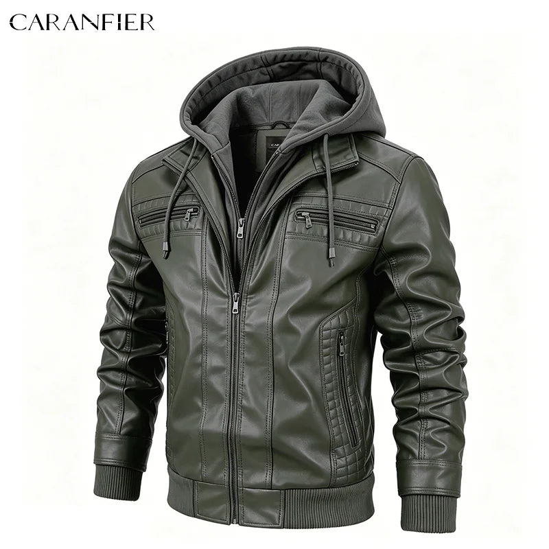 CARANFIER Men PU Leather Jacket Male Moto Biker Hooded Luxury Coats Clothing Faux Vintage Outerwear Chaqueta Hombre Dropshipping