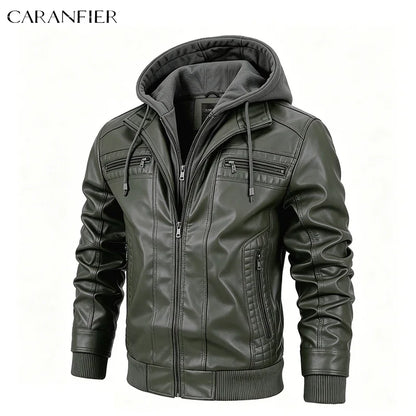 CARANFIER Men PU Leather Jacket Male Moto Biker Hooded Luxury Coats Clothing Faux Vintage Outerwear Chaqueta Hombre Dropshipping