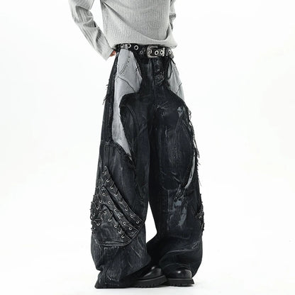 High Street Men's Denim Trousers Patchwork Contrast Color Drawstring Raw Edge Dirty-dying Worn-out Male Jeans New
