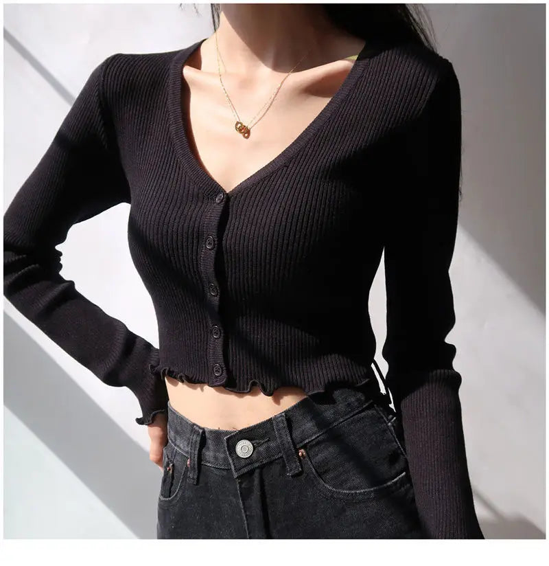 Women's Y2K V-Neck Knit Crop Top