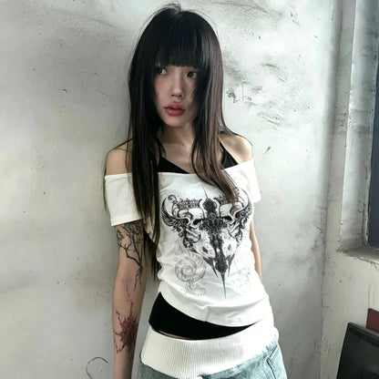 American Retro Fake Two Piece T-shirts Off Shoulder Short Sleeve Y2k Slim Fit Top Tee Skull Print Harajuku Streetwear 2026