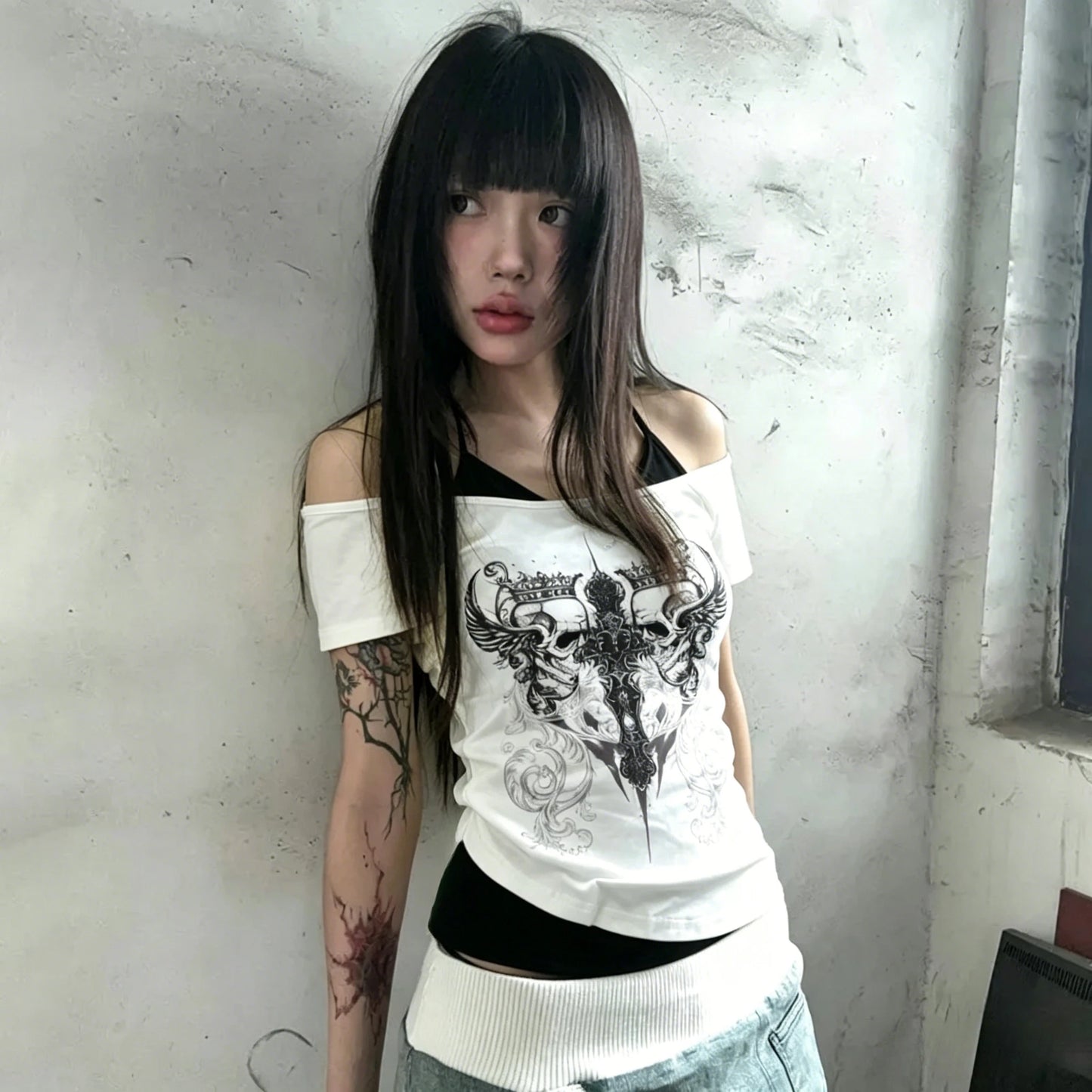 American Retro Fake Two Piece T-shirts Off Shoulder Short Sleeve Y2k Slim Fit Top Tee Skull Print Harajuku Streetwear 2026