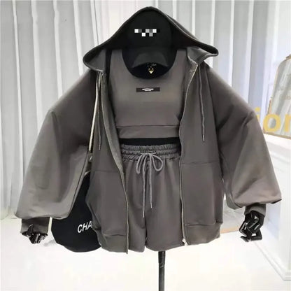 Shorts Three 3 Piece Sets Women Casual Vest Drawstring Short Hooded Zipper Jacket Sportswear Suits Y2k Streetwear Sports Hoodies