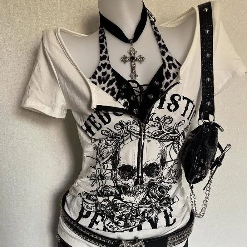 Women's Subculture Skull Print Fake Two-Piece T-Shirt Summer Gothic Slim Fit Halter Tops Y2K Harajuku Grunge Punk Fashion Tees