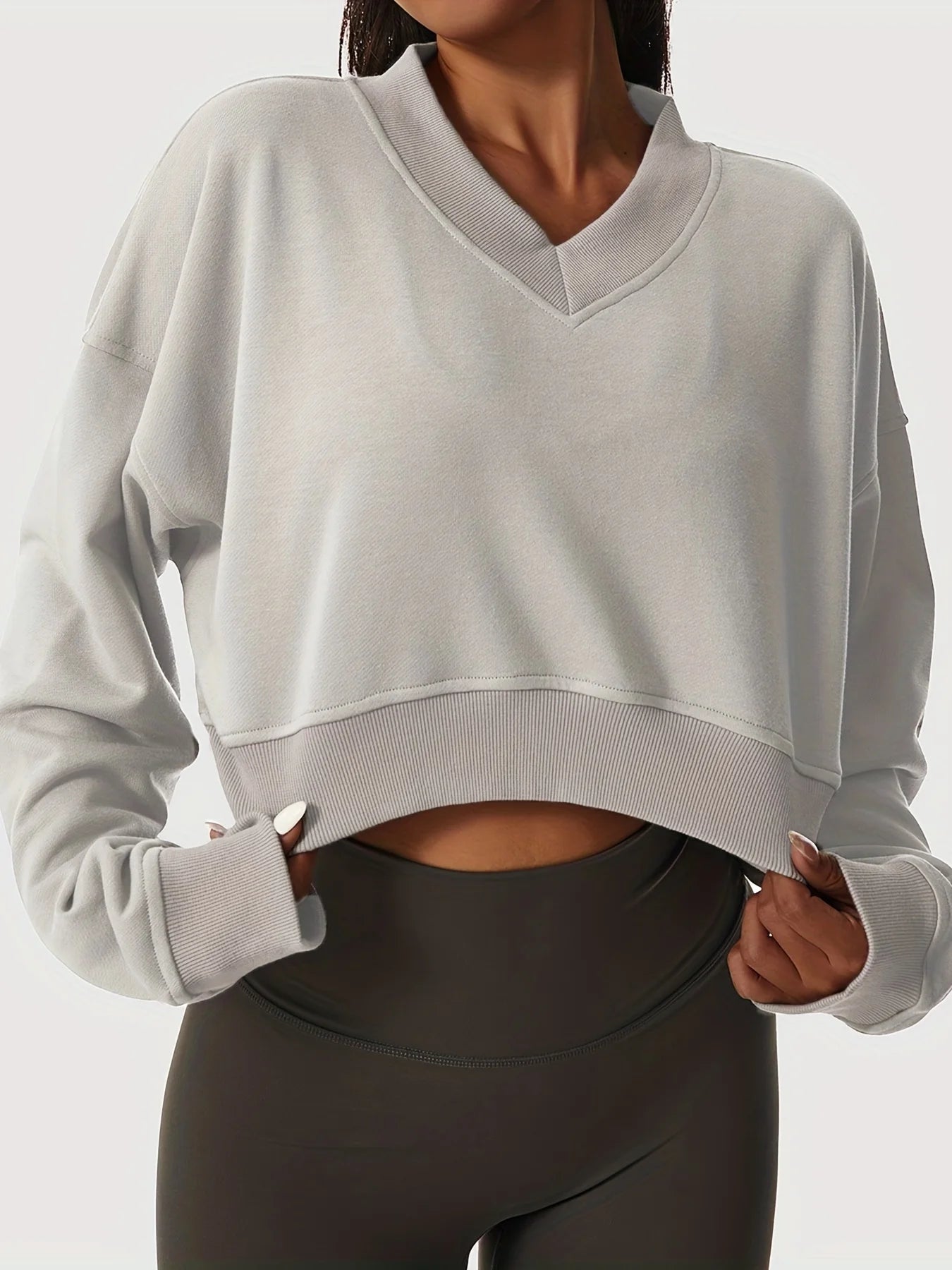 womens solid cropped long sleeve sweatshirts casual v neck pullover sports t shirts tops womens clothing