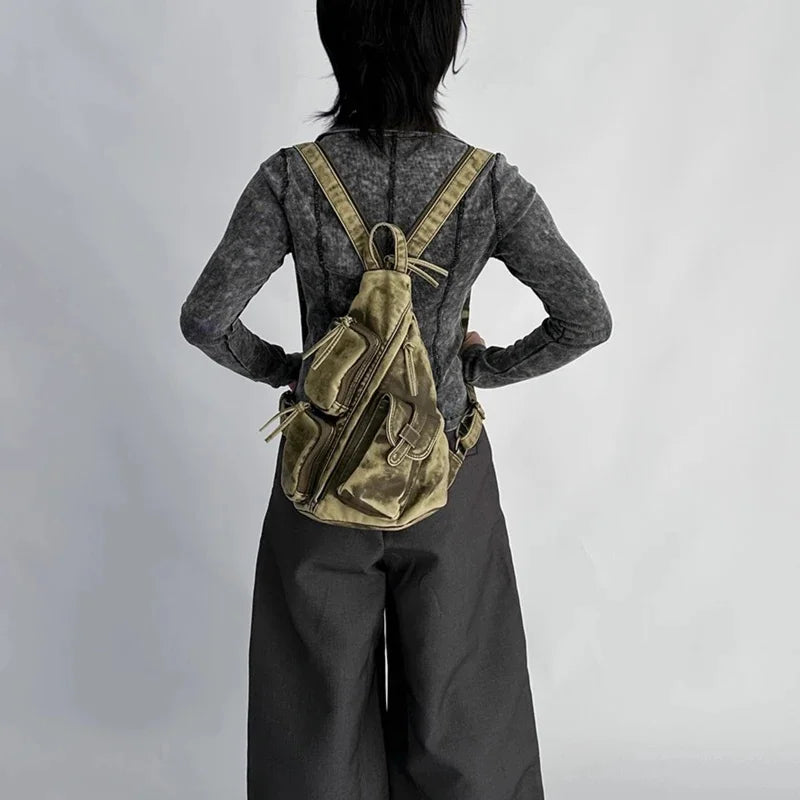 Annmouler Designer Backpacks for Women Soft Washed Letaher Sling Chest Bag Vintage Multi-pockets Punk Style Small Bag