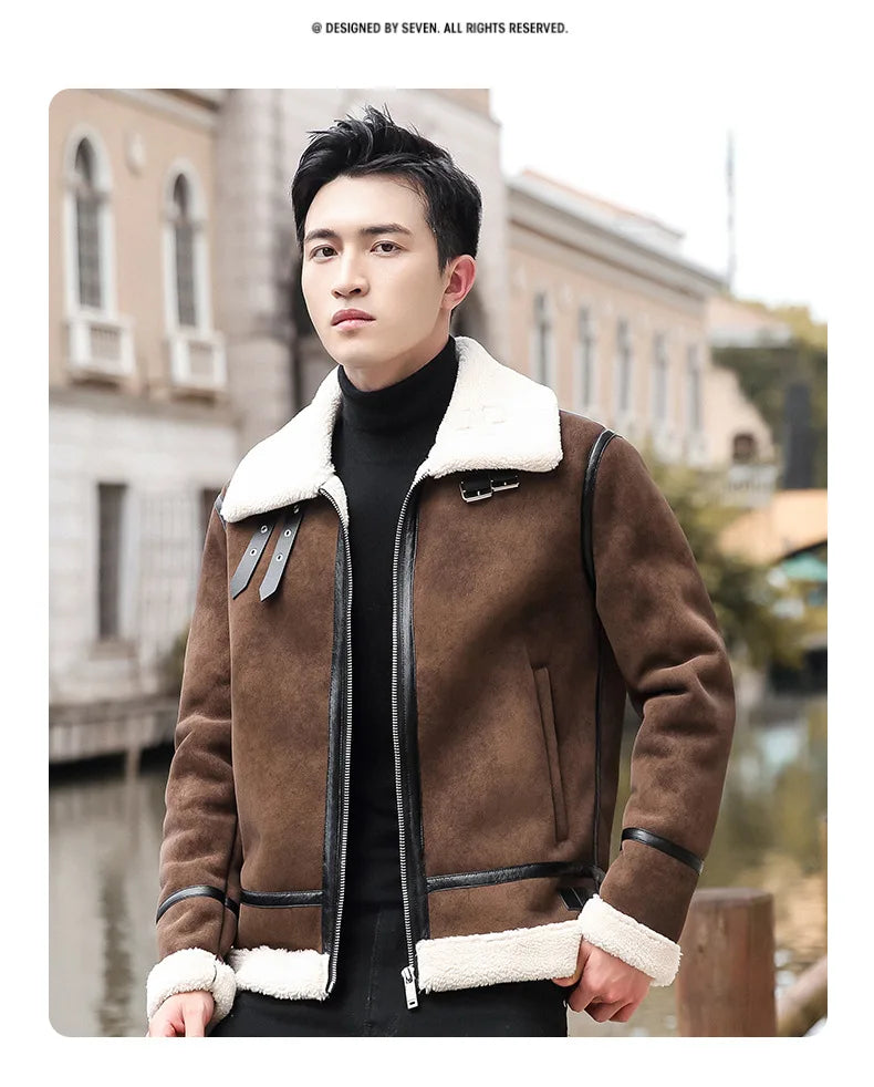 Fashion Solid Slim Korean Style Leather Coat Fleece Jacket Men Leather Jacket Winter Faux Fur Collar Windproof Warm Clothing