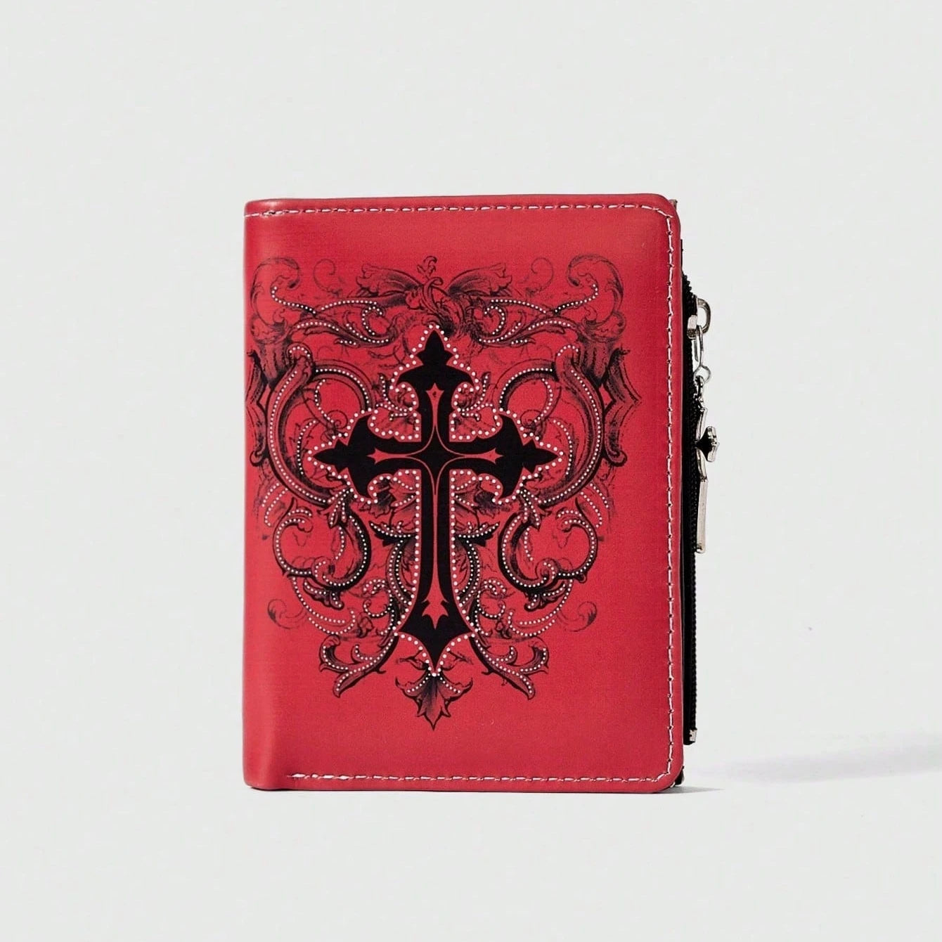 Gothic Red Unisex Wallet, Punk Cross Pattern Design, Zipper Coin Purse & Fashion Card Holder for Casual Daily Use