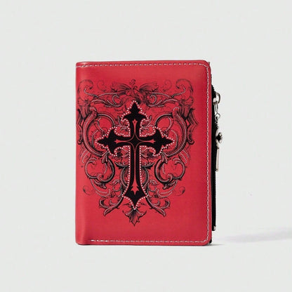 Gothic Red Unisex Wallet, Punk Cross Pattern Design, Zipper Coin Purse & Fashion Card Holder for Casual Daily Use