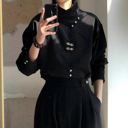 Style National Style Satin Irregular Dark Pattern Stand Collar Trendy Retro Metal Plate Button Long-sleeved Shirt for Men Women