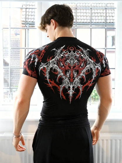Men'S Athletic Fitness T-Shirt, Summer Quick-Dry Compression Shirt, Stylish Gothic Print Men'S Sports Top