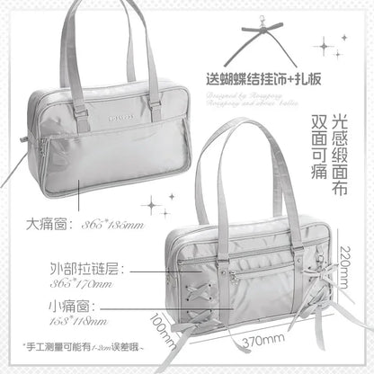Japanese New Girls Silver Shoulder Bag Large Capacity Ribbon Itabag Student Women's Satin Messenger Bag Leather Backpacks