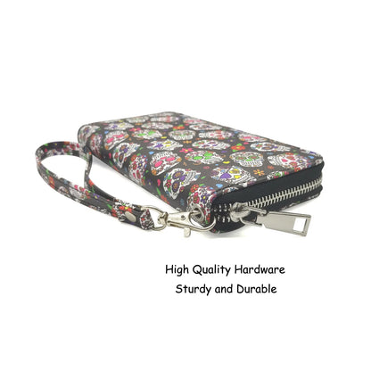 Trendy Gothic Skull Pattern Long Wallet, Portable Multi-card Slots Card Holder With Wristbands, Perfect Halloween Wrist Purse Fo