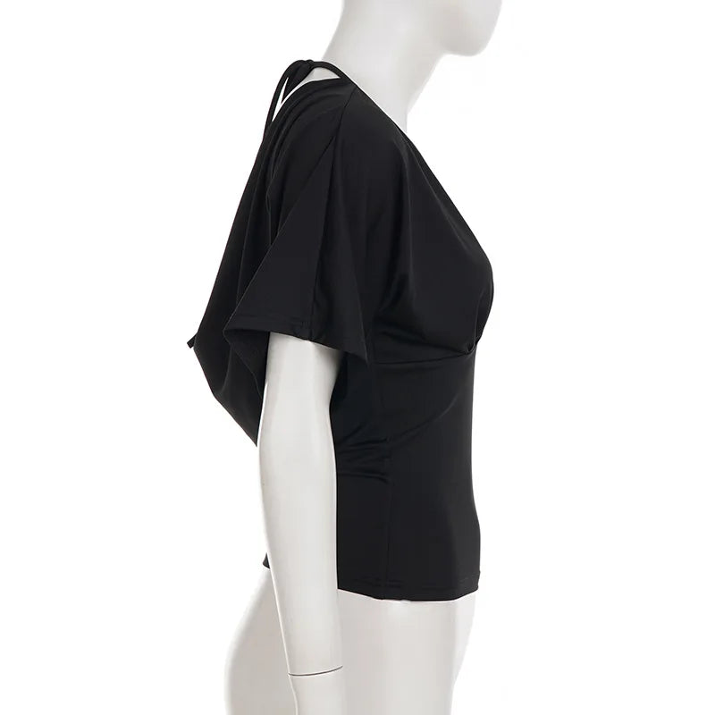 Sexy Deep V Neck Lace Spliced Tie Waist Slim Half Sleeve Crop Tee For Women
