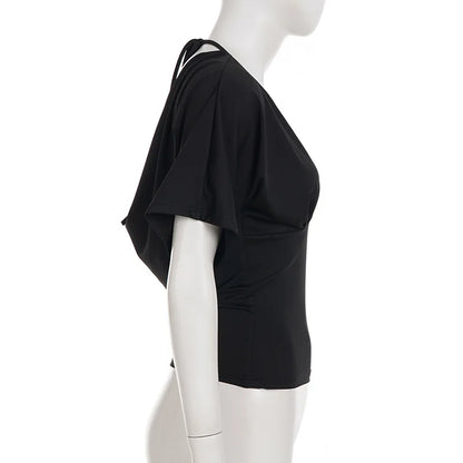 Sexy Deep V Neck Lace Spliced Tie Waist Slim Half Sleeve Crop Tee For Women