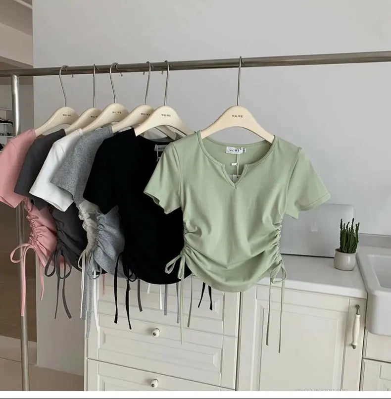 レディース アシンメトリー ドローストリング VネックTシャツ