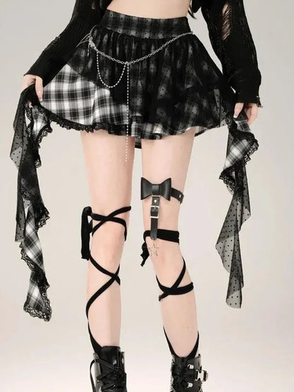 Y2K Harajuku Plaid Skirt Women Retro Streetwear High Waist Gothic Mini Skirt Retro Lace Patchwork Punk Fashion Skirt New Style