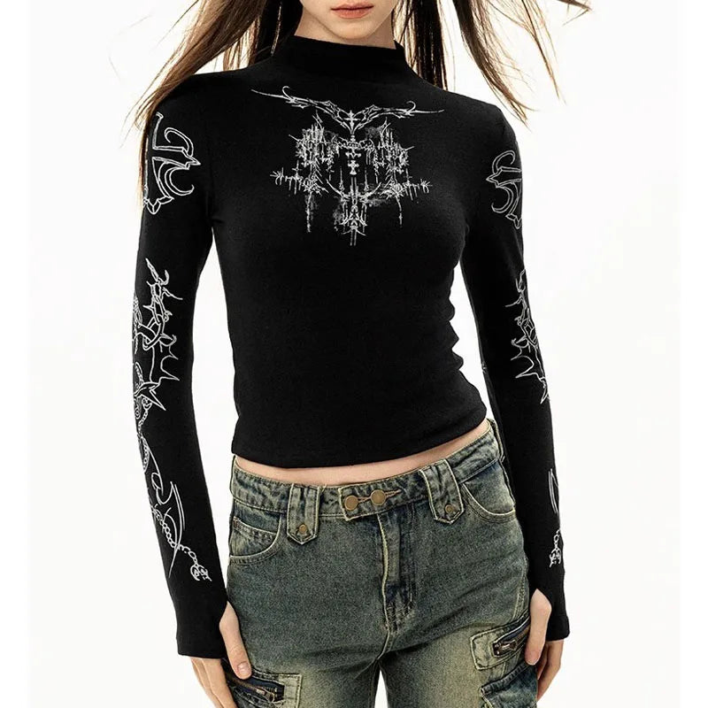 Grunge Women T-Shirt Y2k Aesthetics Half high neck Tees Graphical Print Long - APEX RITUAL women's t-shirts