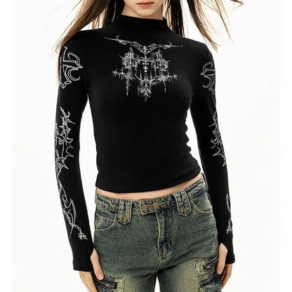 Grunge Women T-Shirt Y2k Aesthetics Half high neck Tees Graphical Print Long - APEX RITUAL women's t-shirts