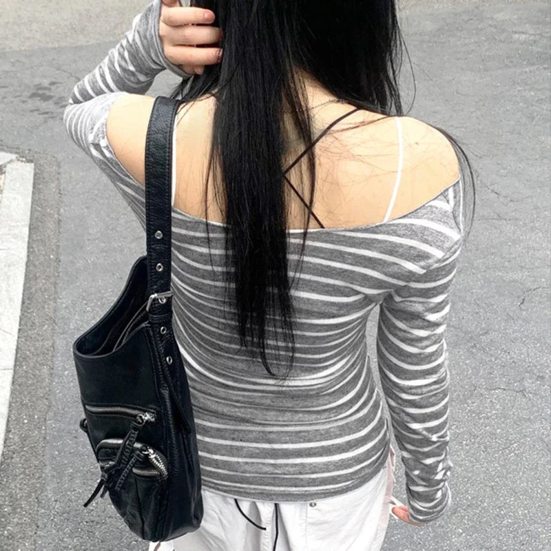 Spring Fall Women's New Basic Models Slim Long-Sleeved Striped t-Shirt Strapless Street Style y2k Thin Tops