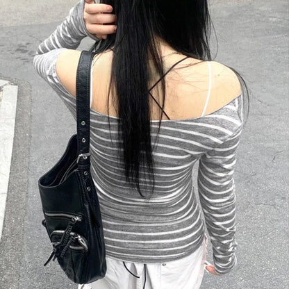 Spring Fall Women's New Basic Models Slim Long-Sleeved Striped t-Shirt Strapless Street Style y2k Thin Tops