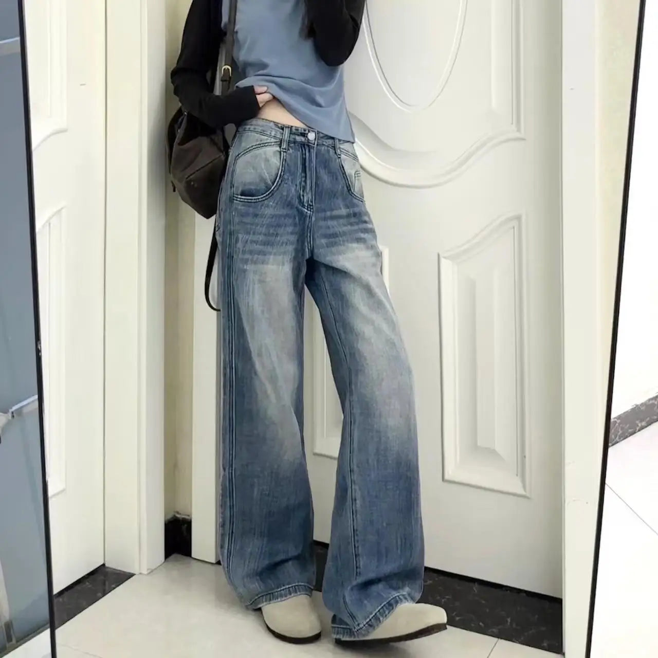 American Oversized Retro Pocket Folding Jeans For Men And Women Washed Tie Dye Heavy Industry Gothic Hip-Hop Zipper Loose Jeans