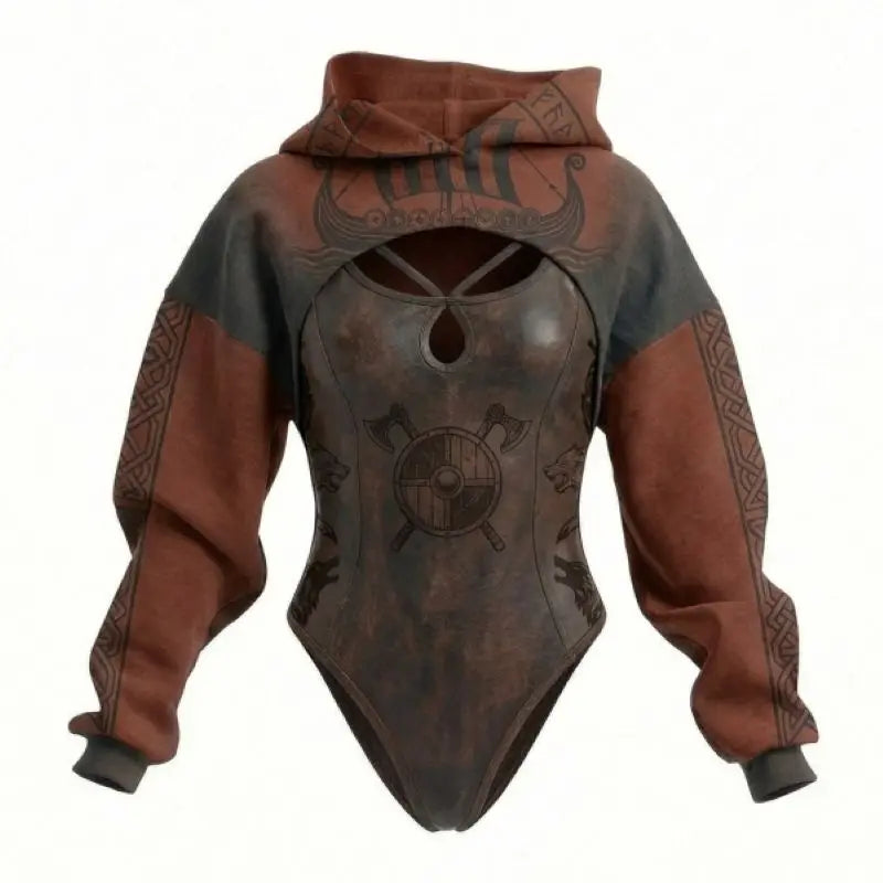 Viking Print Women's Hooded Jumpsuit Two-Piece Set Casual Loose Long Sleeve for Daily Home Lounge & Streetwear