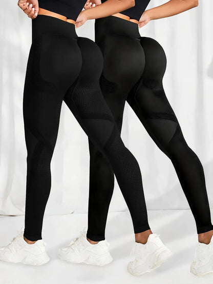 2pcs Yoga Leggings High Waist Elastic Waistband Long Length for Women's Solid Color High-Elasticity Fitness Activewear