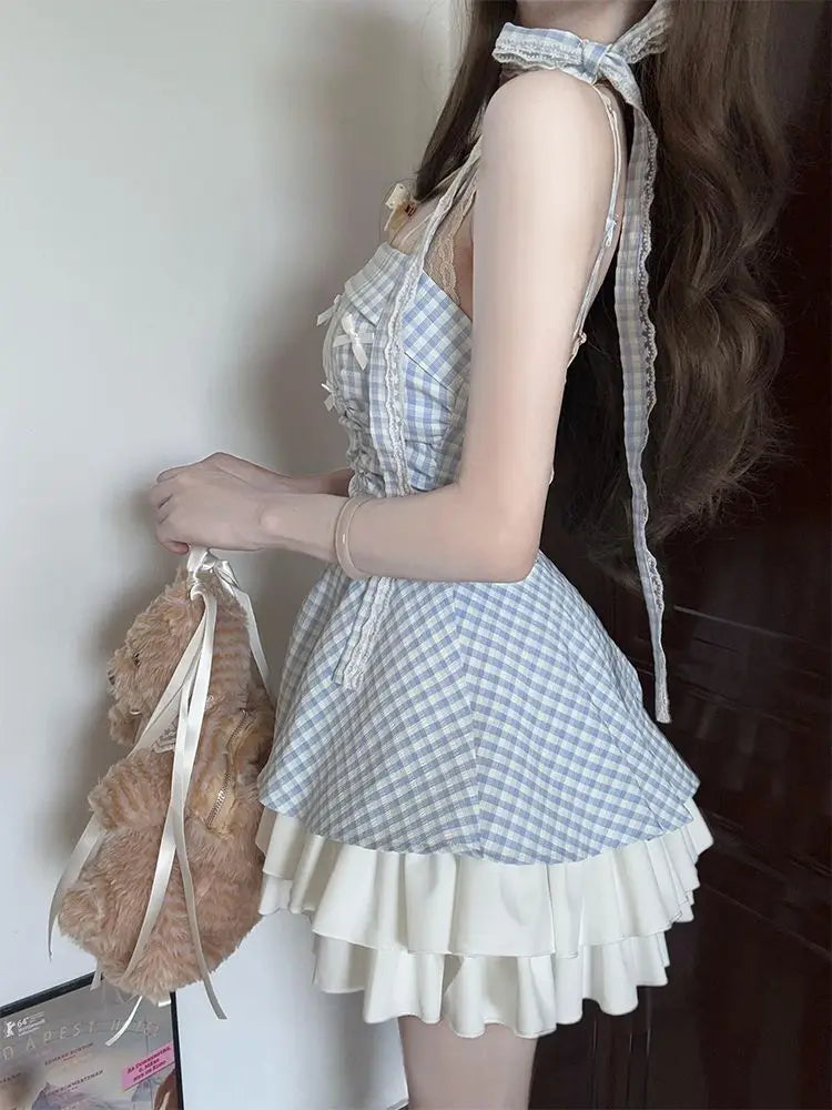 Women's Blue Plaid Bow Strapless Mini Dress