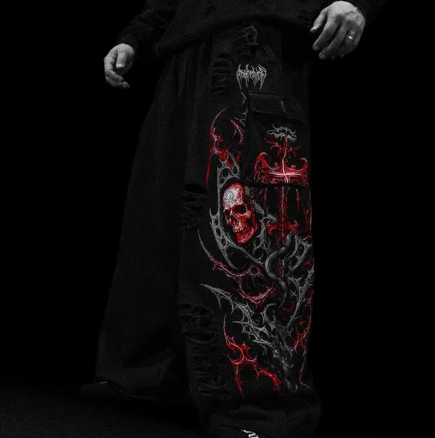 Ripped Baggy Jeans Cotton Patch Dyed Skull Pattern Y2k Mens Jeans Goth Punk Wide Leg Casual Pants Hip Hop Trousers Men Clothing