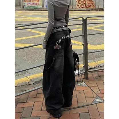 Women's New Y2k Printed Double Waistband Trousers High Street Hiphop Spring Autumn Loose Fit Casual Wide-Leg Pants