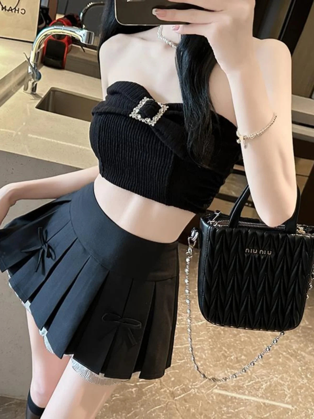 Sweet  Knot Pleated High Waist f Skirt Women's 2024 New Sle Splice Lace Sexy A-Line ort Skirt Commute Korean ...