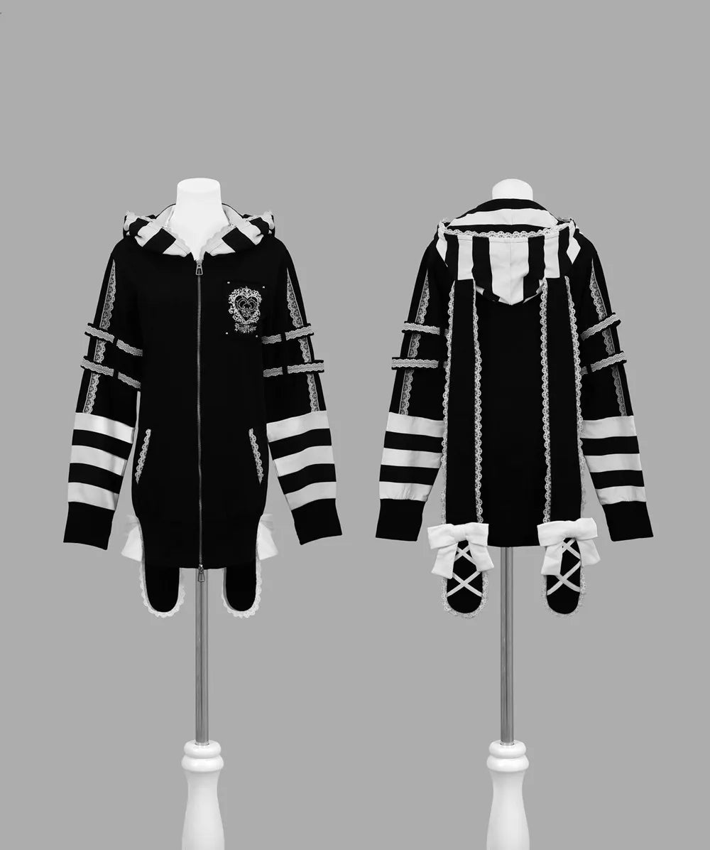 Japanese Harajuku Style Bow Sweet Cool Long-Ear Hooded Lace Trim Color-Block Zipper Long Cardigan Coat Gothic Hoodie Jacket