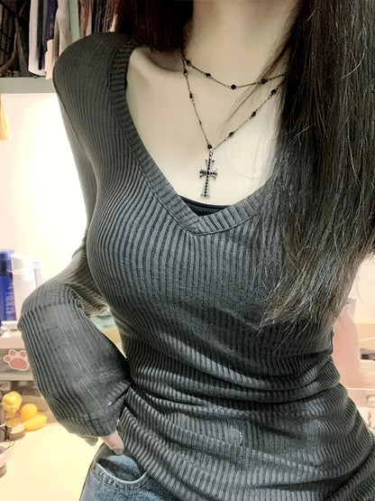 Women's Sheer V-Neck Long-Sleeve Top