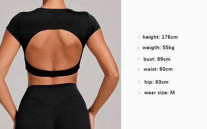 Hollow Backless Short Sleeve Sporty Slim T-shirt Women Crop Top Breathable Quick Dry Gym Workout Top Sport Shirt Fitness Clothes