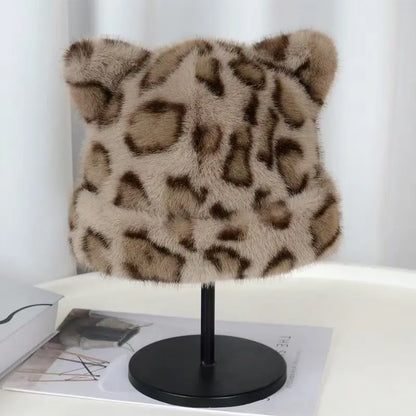 Women's Winter Cute Beanies Hats Fake Fur Keep Warm Leopard Print Rolled Edge Beanie Caps