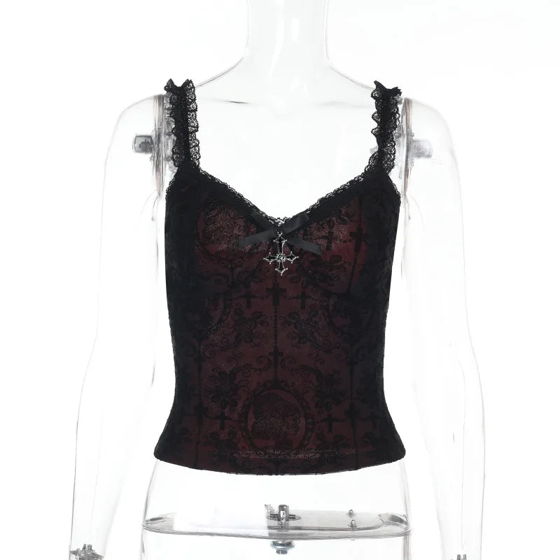 Mall Gothic Spaghetti Strap Tanks Top Hot Sexy V-neck Lace Patchwork Camisole Basic Slim Vests Summer Techwear Women
