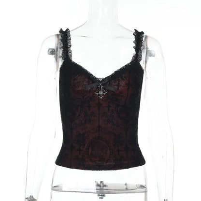 Mall Gothic Spaghetti Strap Tanks Top Hot Sexy V-neck Lace Patchwork Camisole Basic Slim Vests Summer Techwear Women