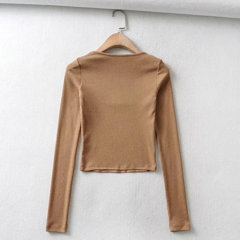 Women's Ribbed Square-Neck Long-Sleeve Crop Top