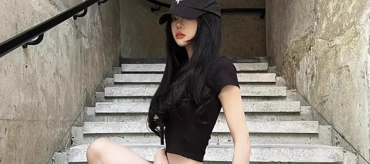 Spicy Short Sleeve Cotton T-Shirt Women's Summer Slim Fit Black Printed Top Korean Style Commute Fashion Belly Button Outfit