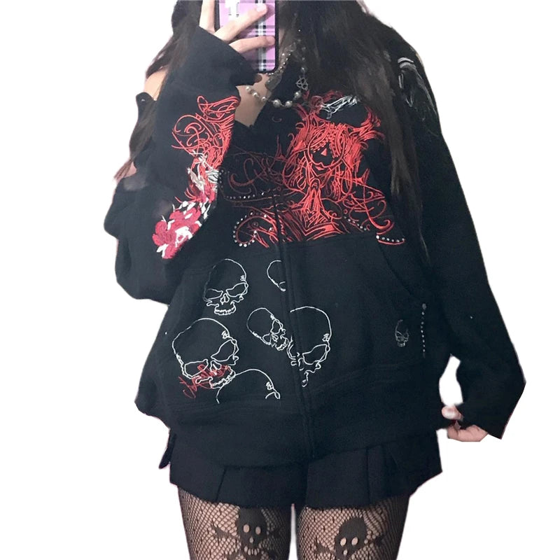 Hoodie Kawaii Y2k Anime Cartoon Goth Zip Up Hoodie Woman Harajuku Streetwear Loose Long Sleeve Sweatshirts Femme Sweatshirts