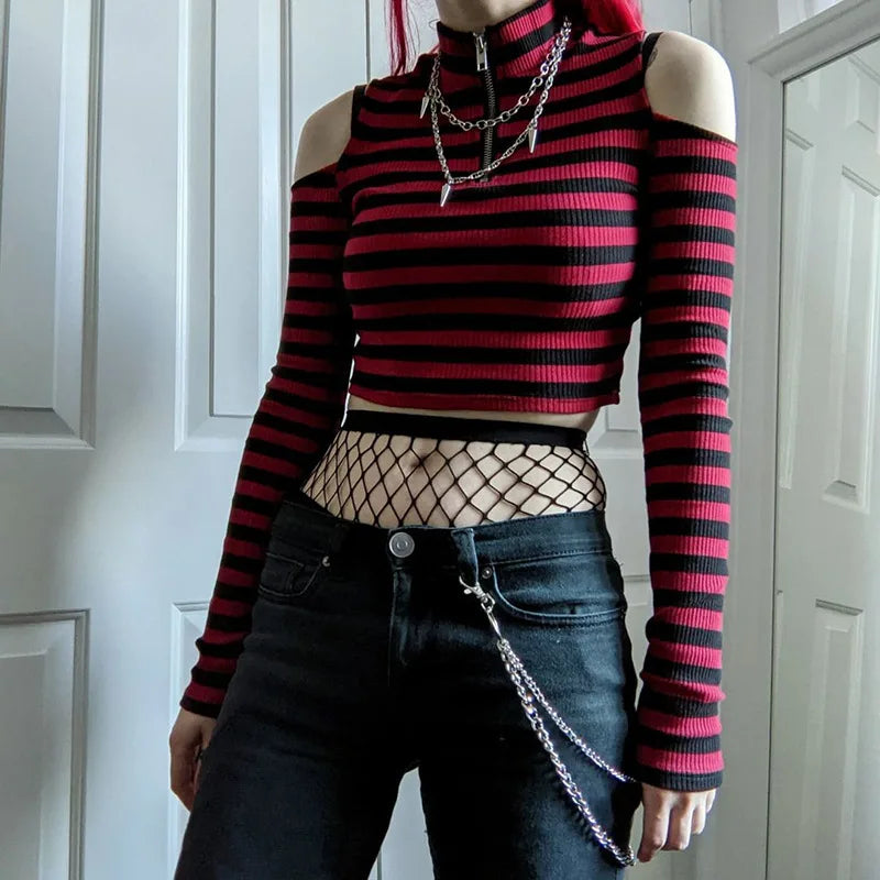 Grunge Striped Mall Gothic Basic T-shirts Punk E-girl Aesthetic Bodycon Casual Crop Tops Long Sleeve Open Shoulder Tee Gothic