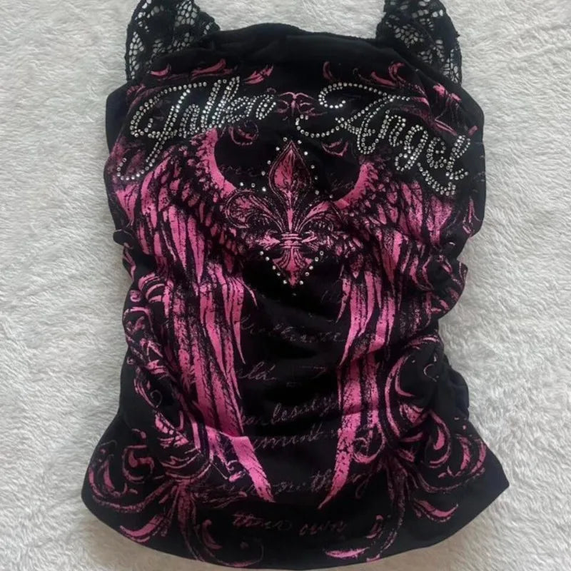 Kimotimo Vintage Letter Diamonds Print Fake Two Lace Halter Vest Women Punk Y2k Slim Sleeveless Crop Top Harajuku Gothic Tanks