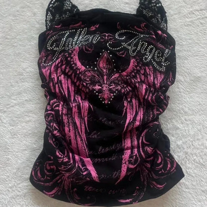 Kimotimo Vintage Letter Diamonds Print Fake Two Lace Halter Vest Women Punk Y2k Slim Sleeveless Crop Top Harajuku Gothic Tanks