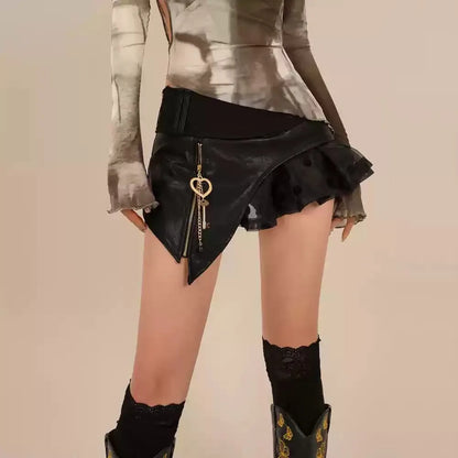 Summer Mini Skirt Sexy American High Street Party Versatile Mini Skirt Black Asymmetrical Metal Chain Punk Rock Gothic Skirt