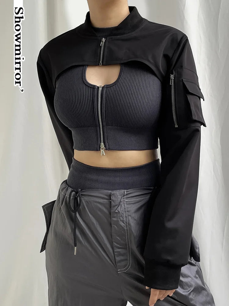 Showmirror Super-short Black Jacket Zipper Long Sleeve Harajuku Cropped Tshirt Gothic Techwear Fashion Korean Tee Punk Street