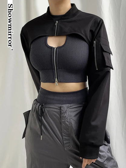 Showmirror Super-short Black Jacket Zipper Long Sleeve Harajuku Cropped Tshirt Gothic Techwear Fashion Korean Tee Punk Street