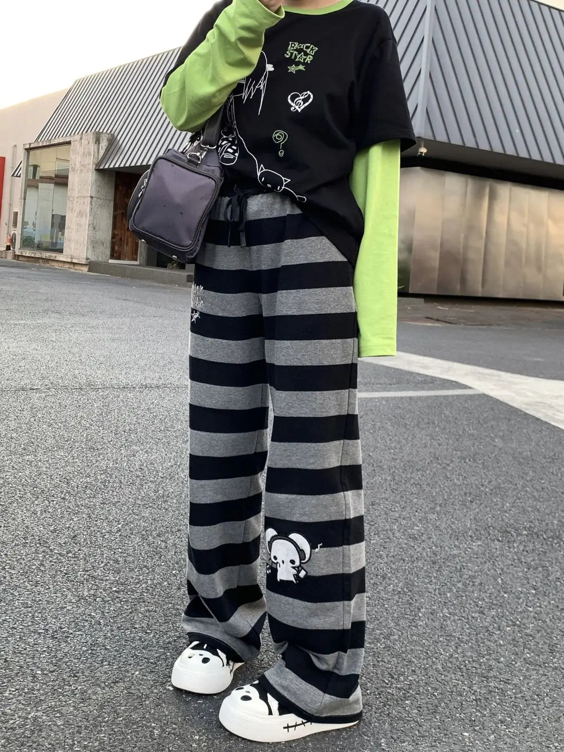 Kimotimo Punk Anime Printed Striped Pants Women Harajuku Y2k Straight Casual Long Trousers 2025 Autumn Vintage Gothic Streetwear